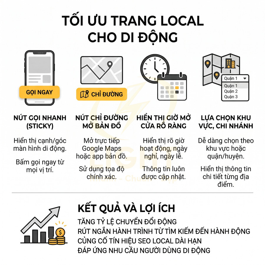 Hướng dẫn tối ưu trang local trên di động với nút gọi nhanh, chỉ đường, giờ mở cửa và chọn chi nhánh