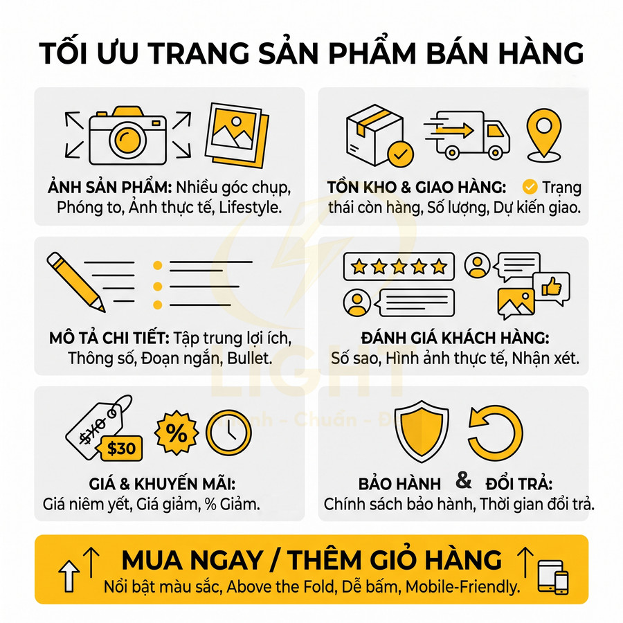 Infographic tối ưu trang sản phẩm bán hàng với ảnh sản phẩm, mô tả chi tiết, giá khuyến mãi và nút mua ngay