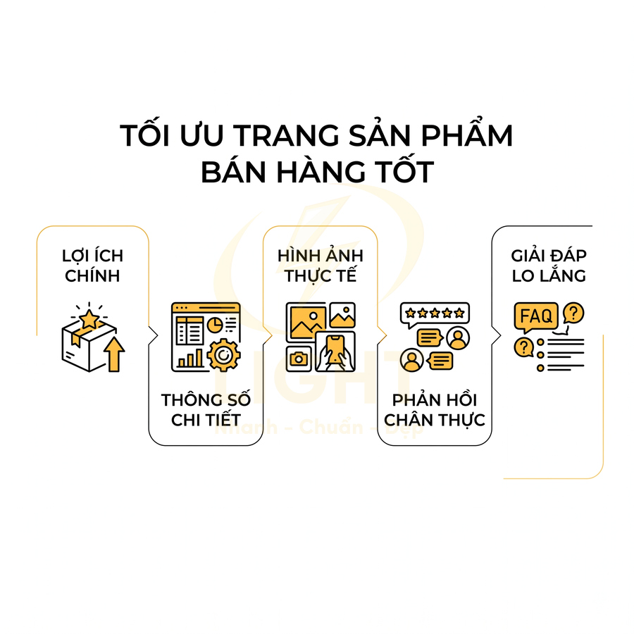 Tối ưu trang sản phẩm với lợi ích chính, thông số chi tiết, hình ảnh thực tế, phản hồi khách hàng và giải đáp lo lắng