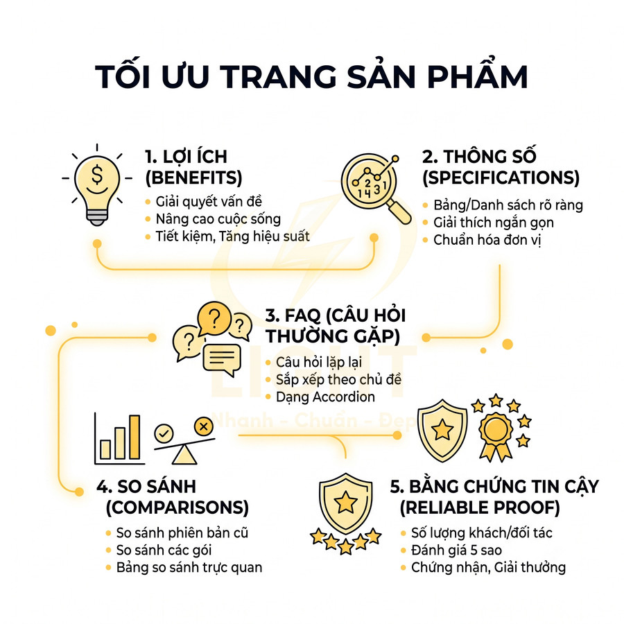 Infographic tối ưu trang sản phẩm với 5 mục lợi ích, thông số, FAQ, so sánh và bằng chứng tin cậy