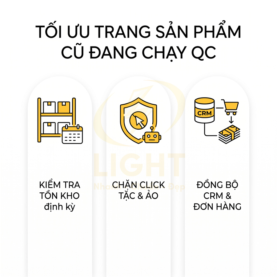 Tối ưu trang sản phẩm cũ đang chạy QC với kiểm tra tồn kho, chặn click tặc và đồng bộ CRM đơn hàng