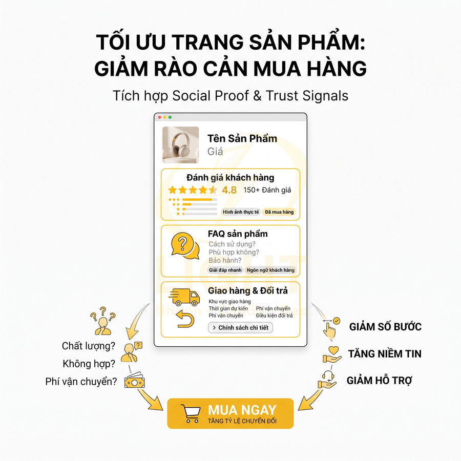 Mẫu giao diện trang sản phẩm với đánh giá khách hàng, FAQ, chính sách giao hàng đổi trả và nút mua ngay nổi bật