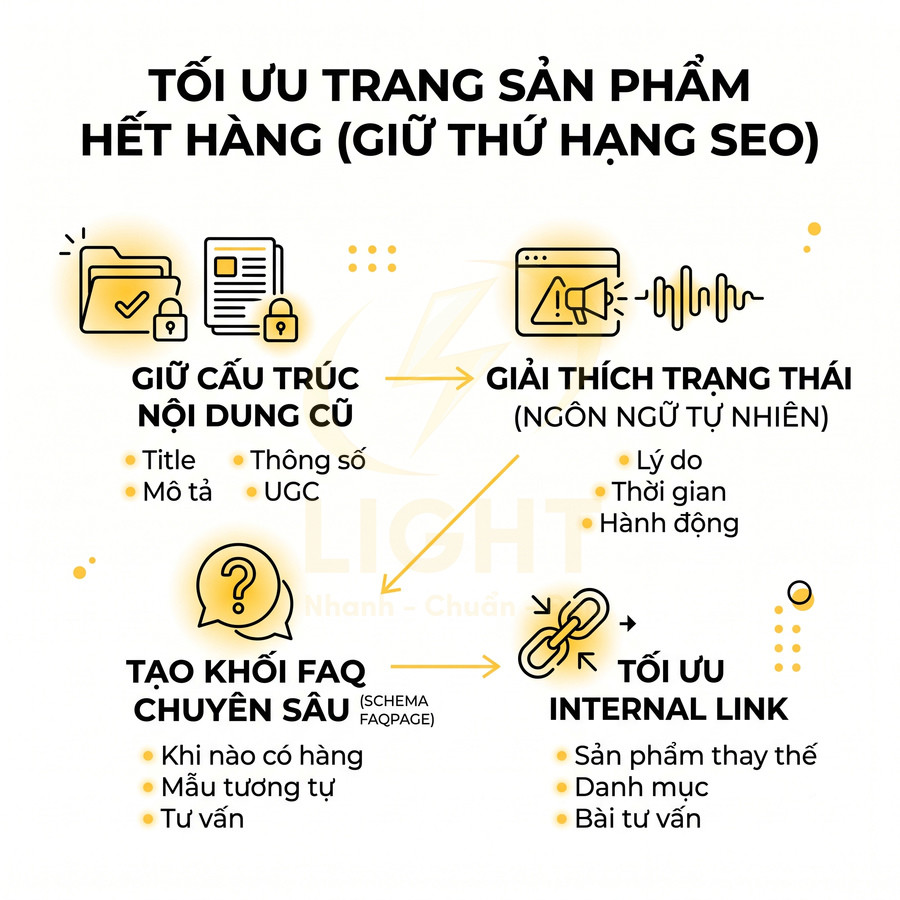 Hướng dẫn tối ưu trang sản phẩm hết hàng để giữ thứ hạng SEO với cấu trúc nội dung, FAQ và internal link