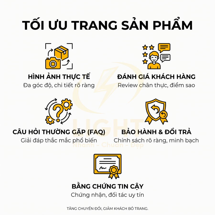 Infographic tối ưu trang sản phẩm với hình ảnh thực tế, đánh giá khách hàng, FAQ, bảo hành đổi trả và bằng chứng tin cậy