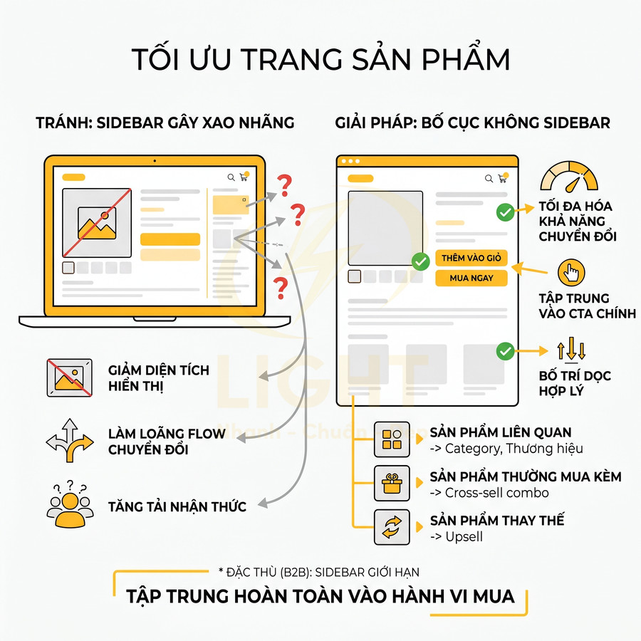 Mô hình tối ưu trang sản phẩm ecommerce với bố cục không sidebar tập trung vào CTA và sản phẩm liên quan