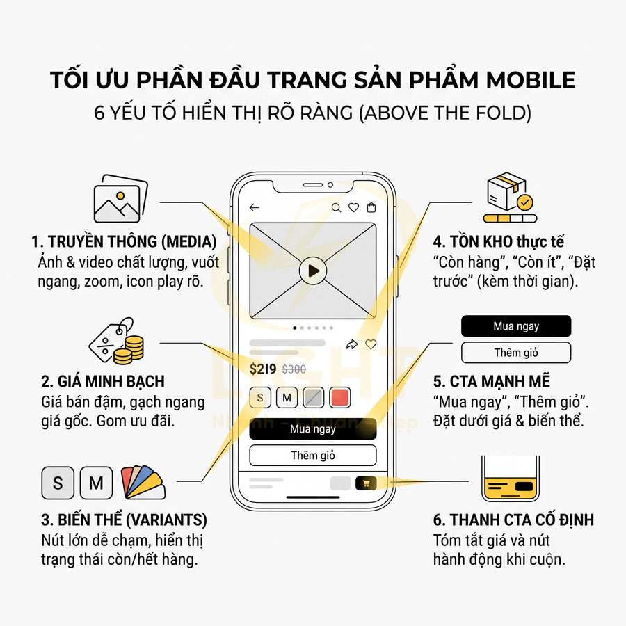 Hướng dẫn tối ưu giao diện trang sản phẩm trên điện thoại với media, giá, biến thể, tồn kho và nút CTA rõ ràng