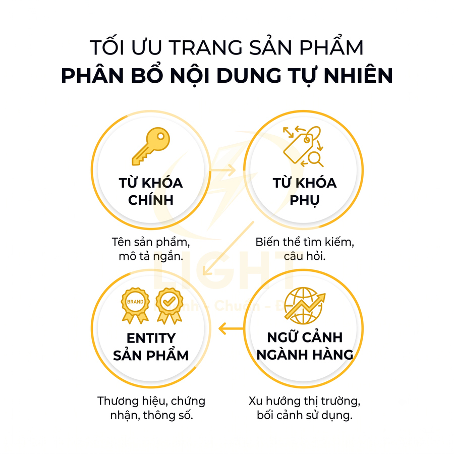 Hướng dẫn tối ưu trang sản phẩm với từ khóa chính, từ khóa phụ, entity sản phẩm và ngữ cảnh ngành hàng