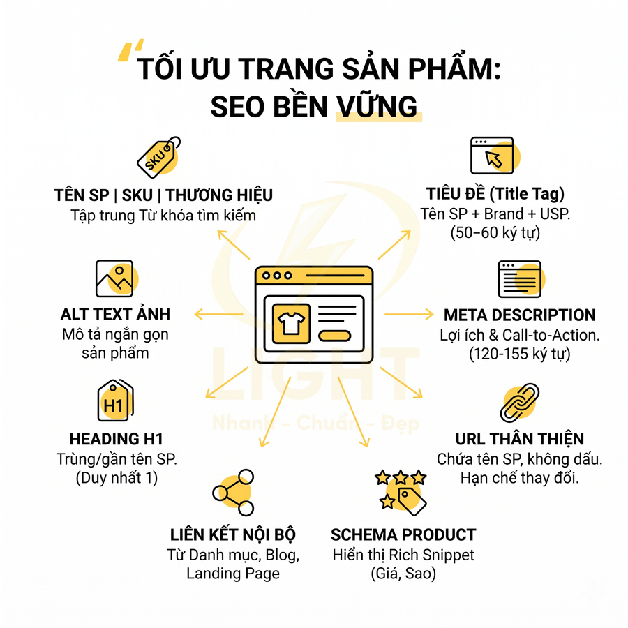 Hướng dẫn tối ưu trang sản phẩm chuẩn SEO bền vững với tiêu đề, mô tả, alt text, URL và schema product