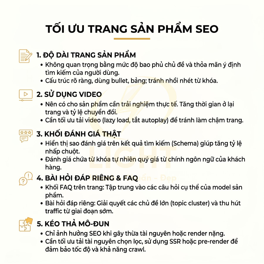 Checklist tối ưu trang sản phẩm SEO với 5 mục: độ dài nội dung, dùng video, khối đánh giá, FAQ và kéo thả mô-đun