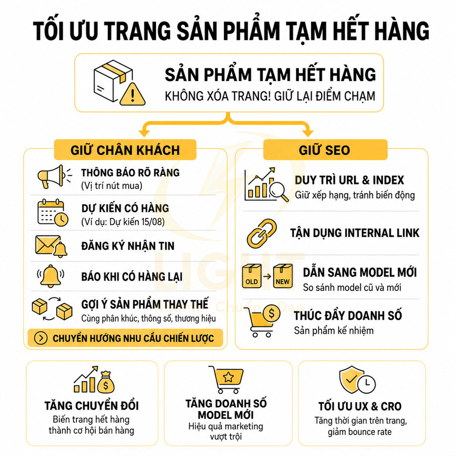 Infographic tối ưu trang sản phẩm tạm hết hàng với chiến lược giữ chân khách và giữ SEO