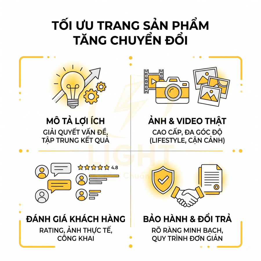 Infographic tối ưu trang sản phẩm tăng chuyển đổi với mô tả lợi ích, ảnh video thật, đánh giá khách hàng, bảo hành đổi trả