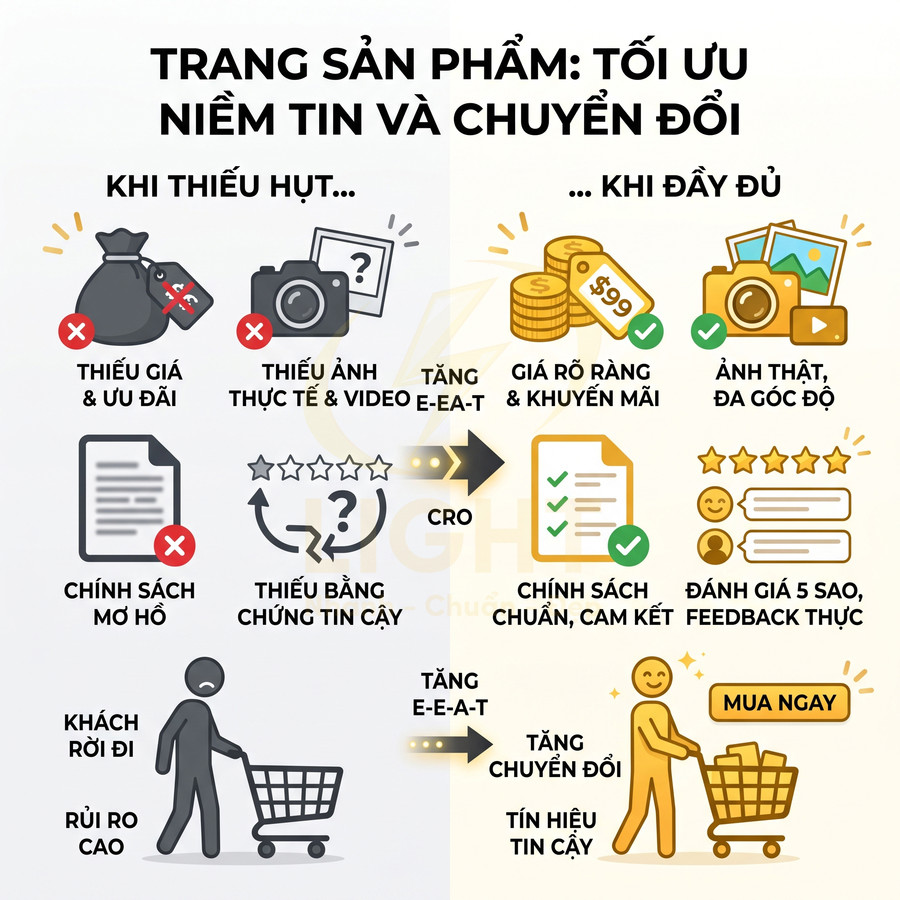 Minh họa tối ưu trang sản phẩm với giá rõ ràng, ảnh thực tế, chính sách minh bạch và đánh giá 5 sao tăng chuyển đổi
