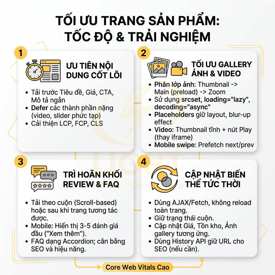 Infographic tối ưu trang sản phẩm thương mại điện tử về tốc độ tải, gallery ảnh video, review FAQ và cập nhật giá real time