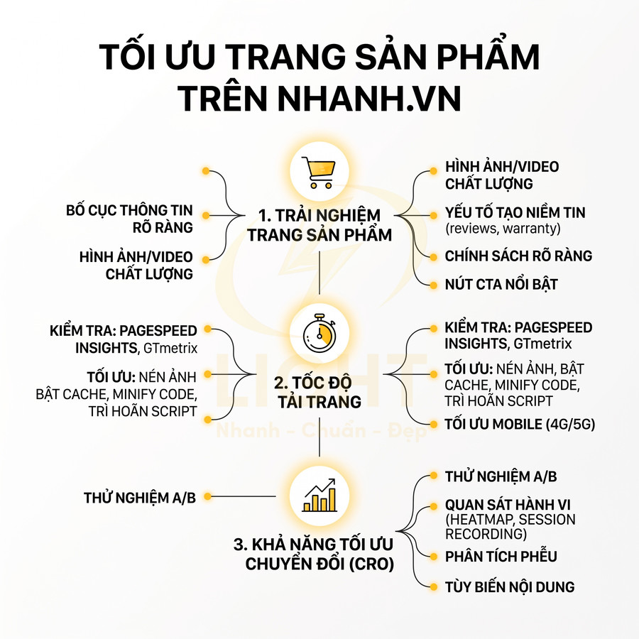 Infographic tối ưu trang sản phẩm trên Nhanh.vn với các bước cải thiện trải nghiệm, tốc độ tải và chuyển đổi CRO