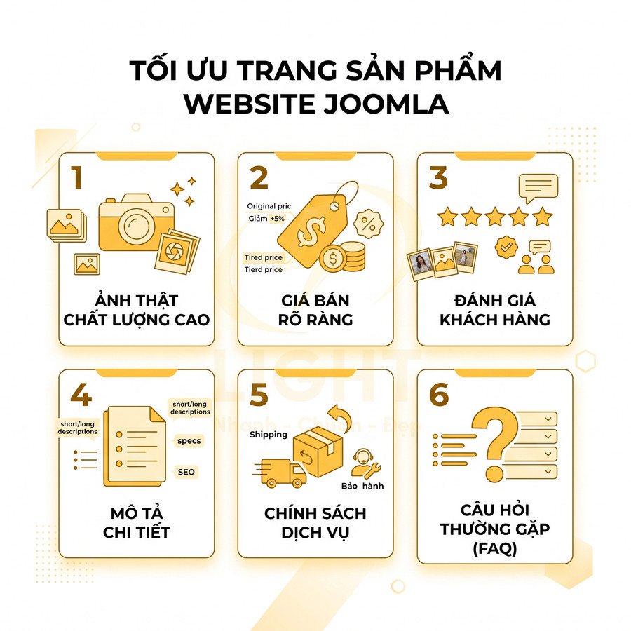 Infographic tối ưu trang sản phẩm website Joomla với 6 yếu tố từ ảnh thật, giá bán, đánh giá đến chính sách và FAQ