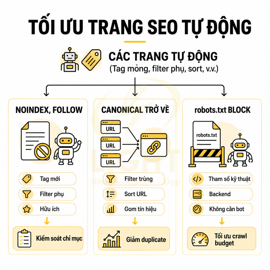 Hướng dẫn tối ưu trang SEO tự động với noindex follow, canonical và chặn robots.txt cho các trang tự động