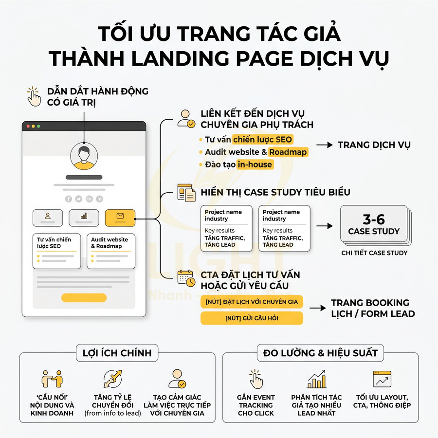 Infographic tối ưu trang tác giả thành landing page dịch vụ SEO với case study và nút đặt lịch tư vấn