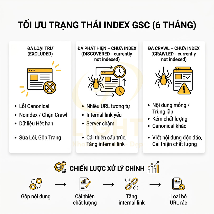 Hướng dẫn tối ưu trạng thái index GSC 6 tháng và chiến lược xử lý nội dung, internal link, loại bỏ URL rác