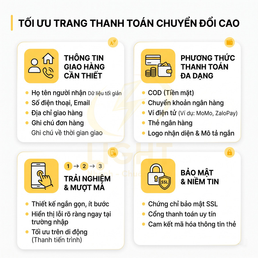 Hướng dẫn tối ưu trang thanh toán chuyển đổi cao với thông tin giao hàng, phương thức thanh toán, trải nghiệm và bảo mật