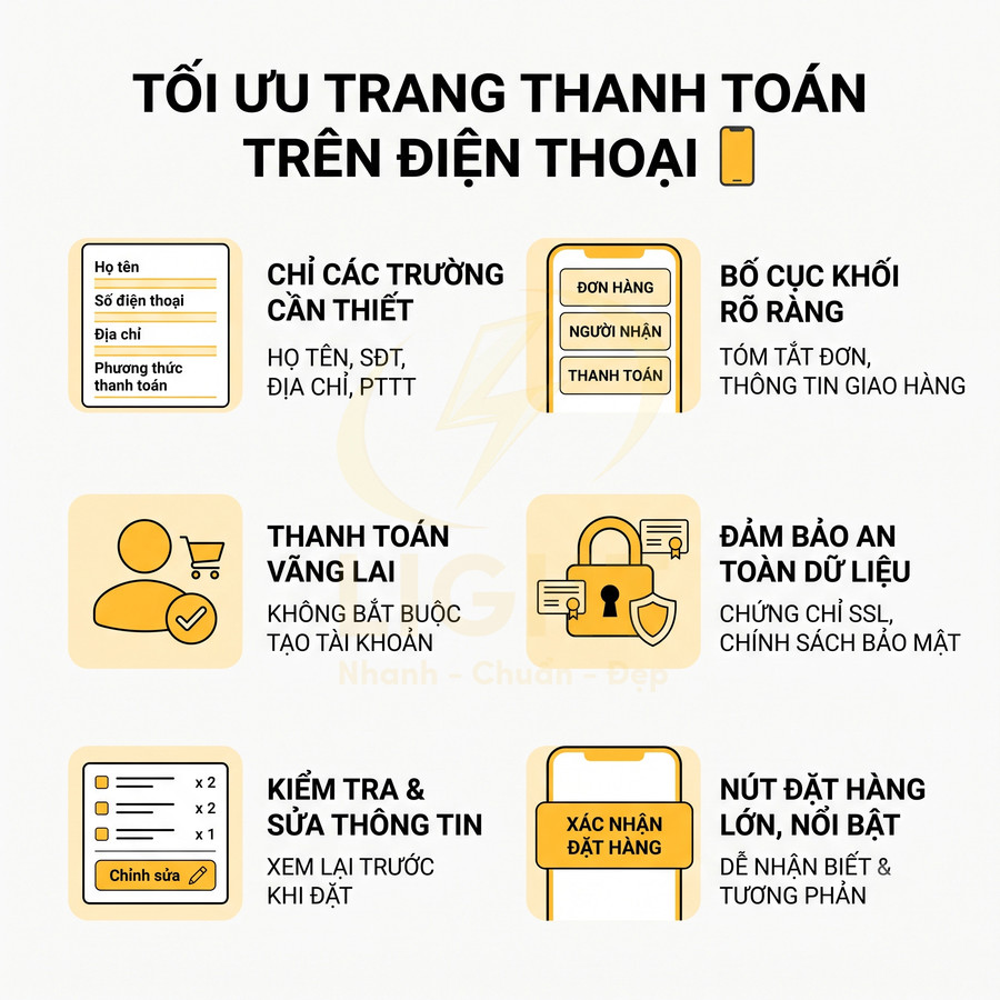 Infographic tối ưu trang thanh toán trên điện thoại với các bước đơn giản và nút xác nhận đặt hàng nổi bật