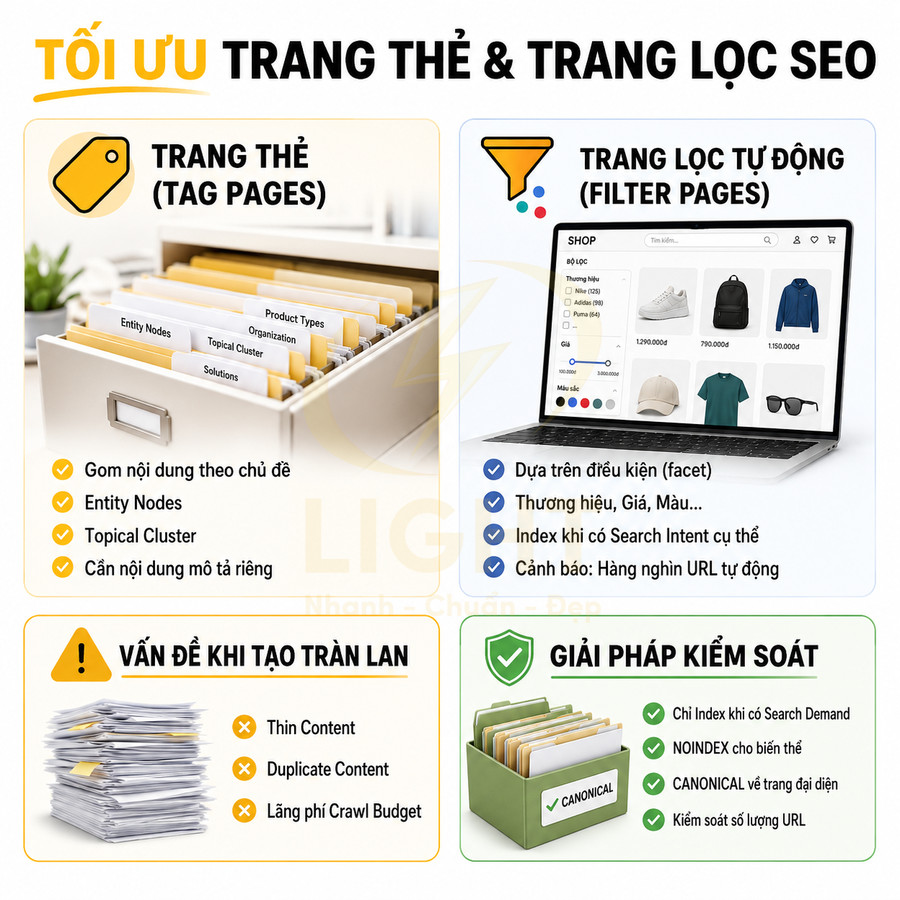 Hình minh họa tối ưu trang thẻ và trang lọc SEO với ví dụ tủ hồ sơ, laptop và tài liệu chồng chất