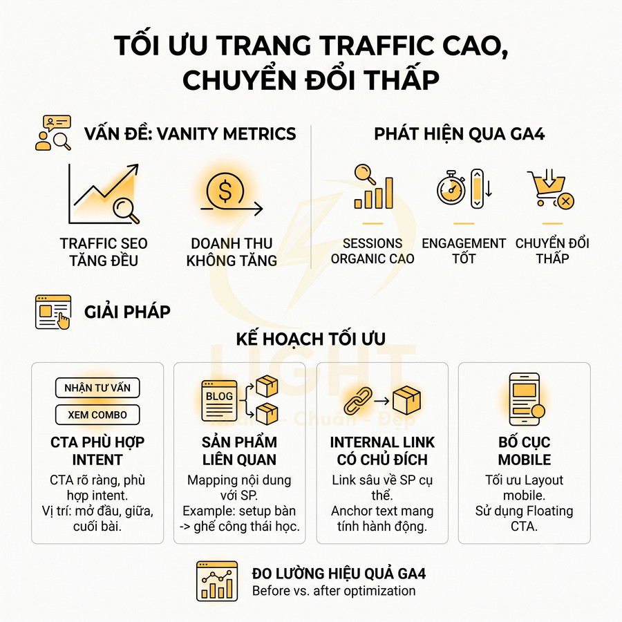 Infographic tối ưu trang traffic cao chuyển đổi thấp với giải pháp CTA, sản phẩm liên quan, internal link và bố cục mobile