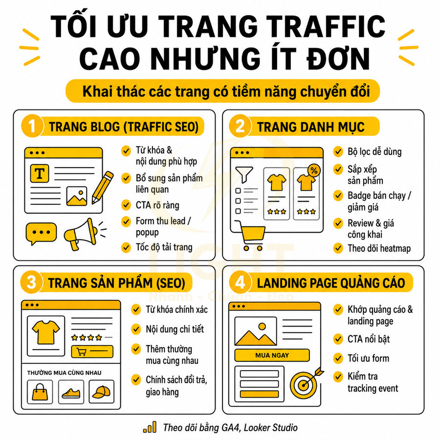 Infographic tối ưu trang blog, danh mục, sản phẩm và landing page quảng cáo để tăng chuyển đổi SEO