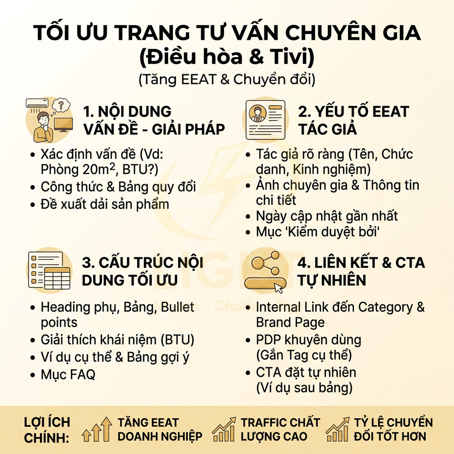 Hướng dẫn tối ưu trang tư vấn chuyên gia cho điều hòa và tivi với nội dung, EEAT, cấu trúc và CTA tự nhiên