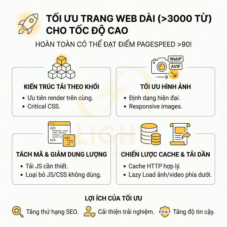 Hướng dẫn tối ưu trang web dài cho tốc độ cao với kiến trúc tải theo khối, tối ưu hình ảnh, cache và giảm dung lượng