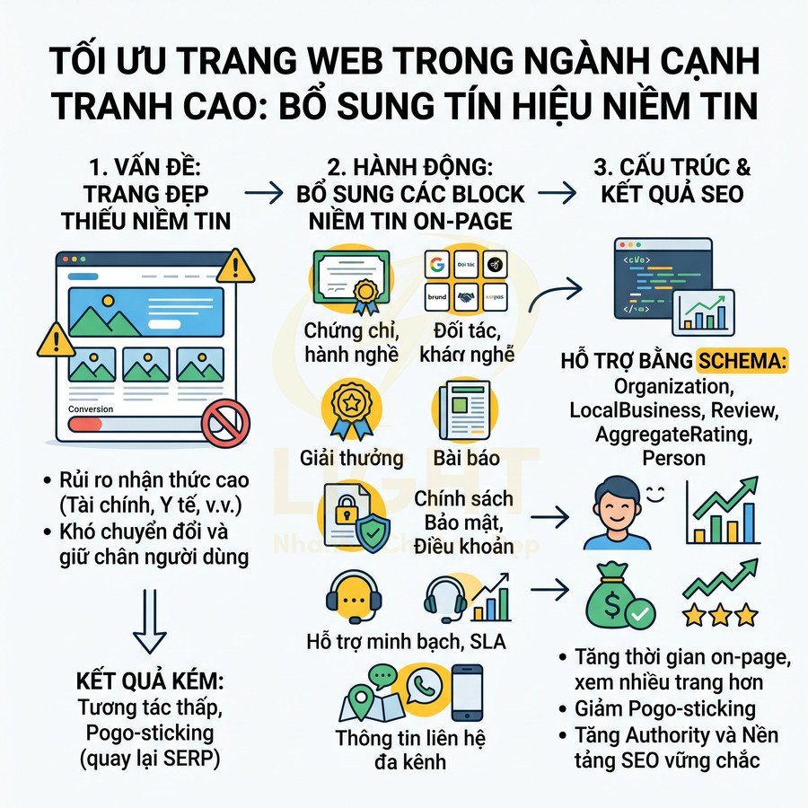 Infographic tối ưu trang web cạnh tranh cao bằng bổ sung tín hiệu niềm tin và schema để cải thiện SEO