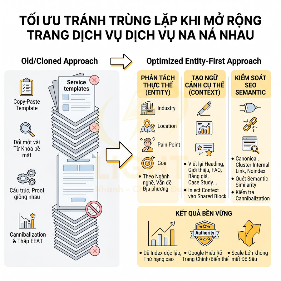 Cách xử lý nội dung trùng lặp khi thiết kế nhiều trang dịch vụ giống nhau mà vẫn giữ chuẩn SEO toàn site?