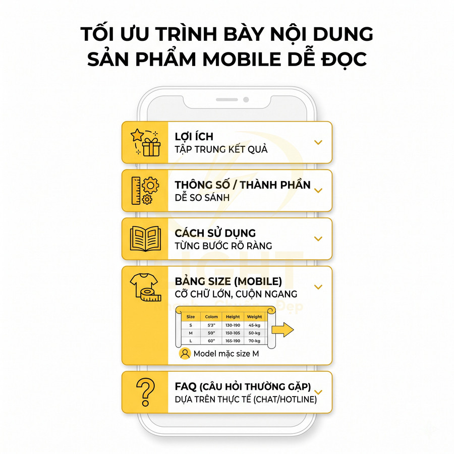 Hướng dẫn tối ưu trình bày nội dung sản phẩm trên giao diện mobile với lợi ích, thông số, cách dùng, bảng size và FAQ