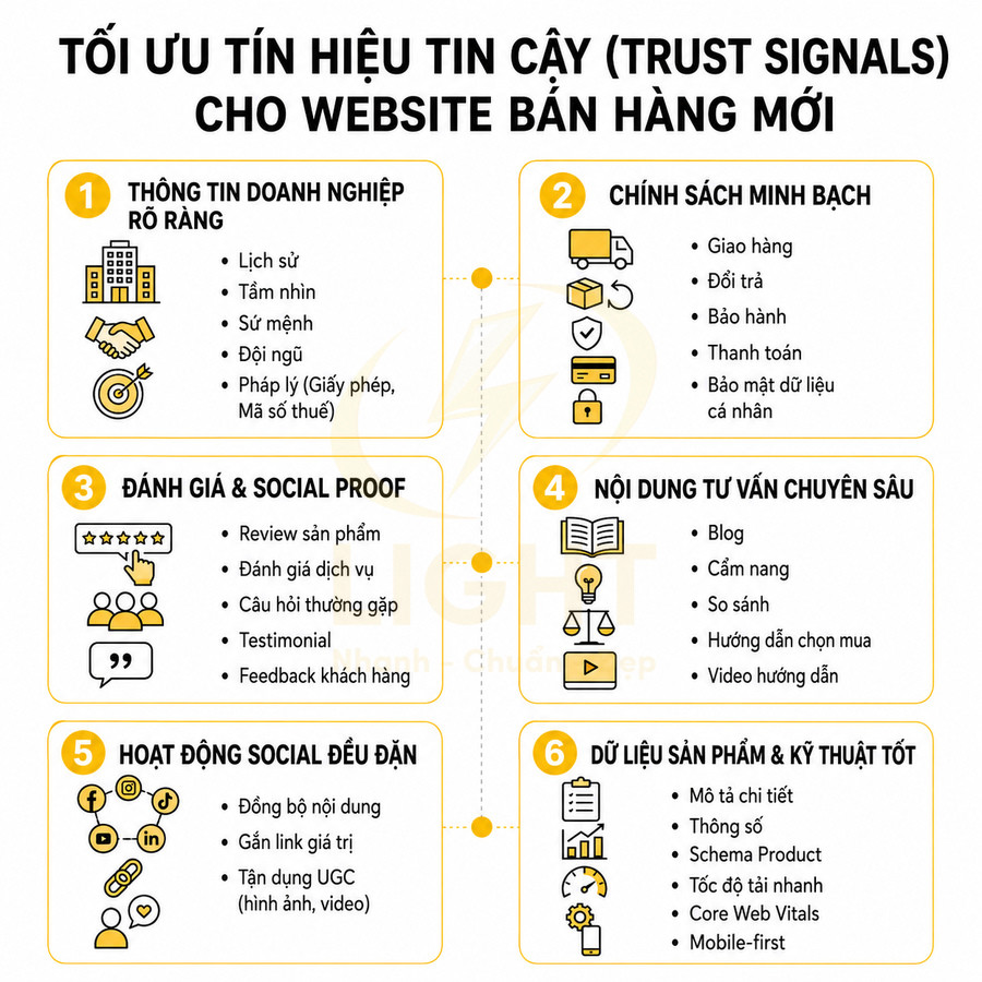 Infographic tối ưu tín hiệu tin cậy cho website bán hàng mới với 6 nhóm nội dung và biểu tượng minh họa