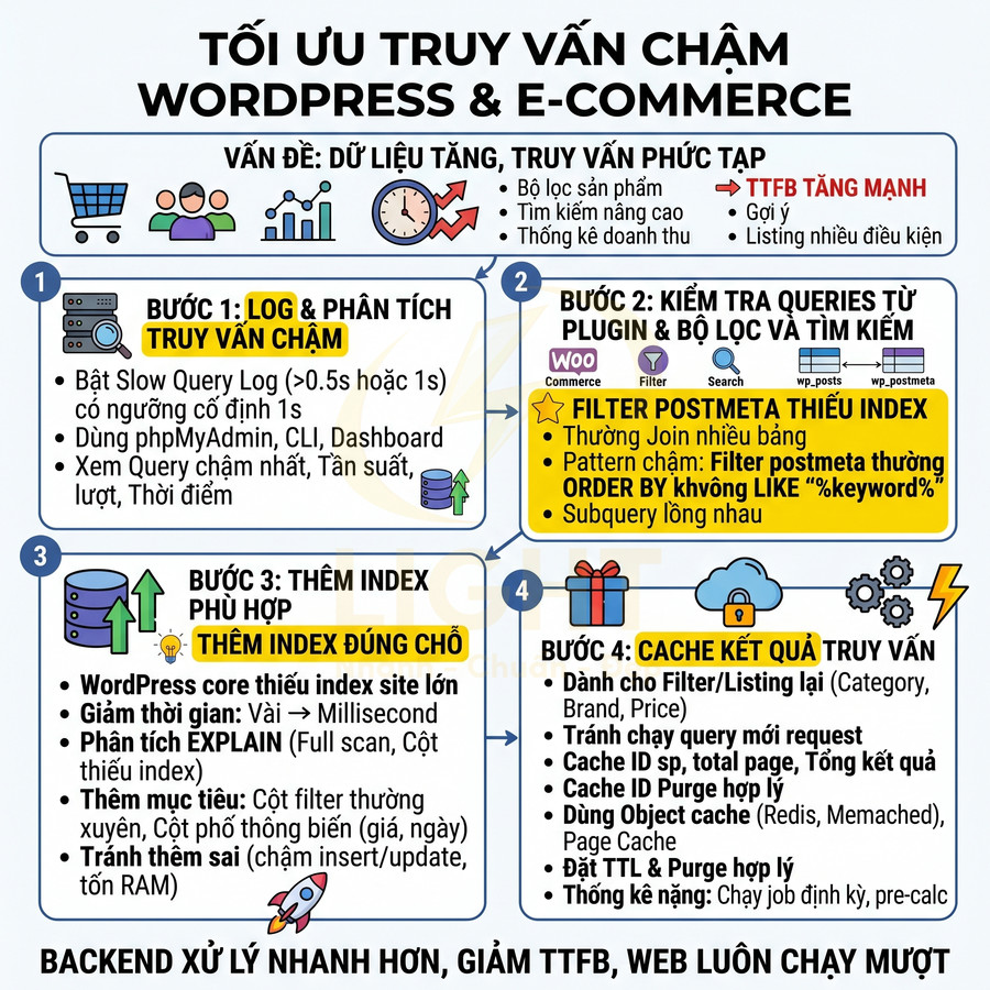 Infographic tối ưu truy vấn chậm WordPress và e-commerce với 4 bước log, kiểm tra plugin, thêm index, cache kết quả