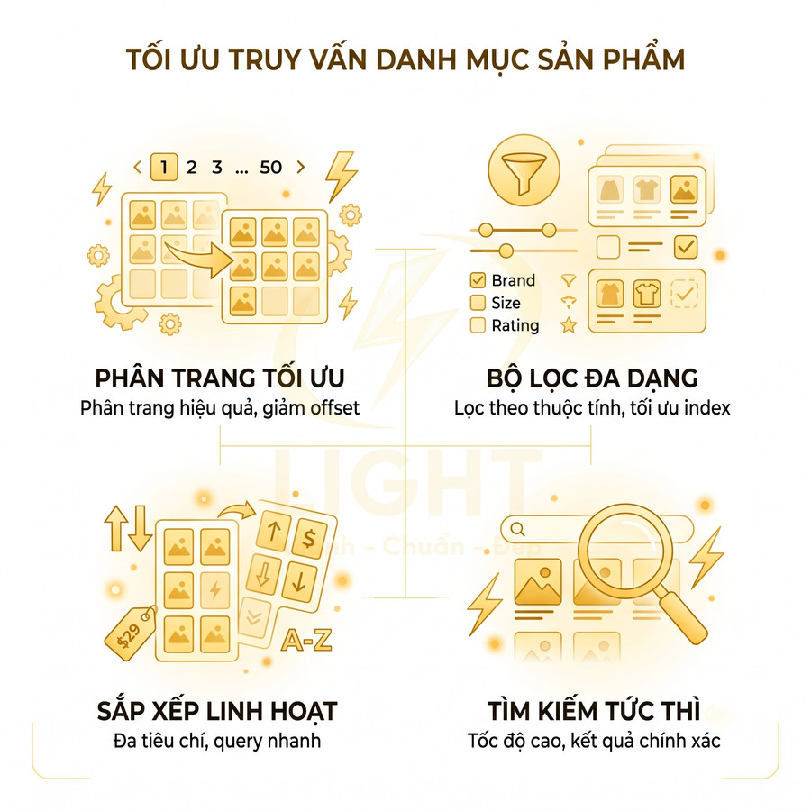 Minh họa tối ưu truy vấn danh mục sản phẩm với phân trang, bộ lọc, sắp xếp linh hoạt và tìm kiếm tức thì
