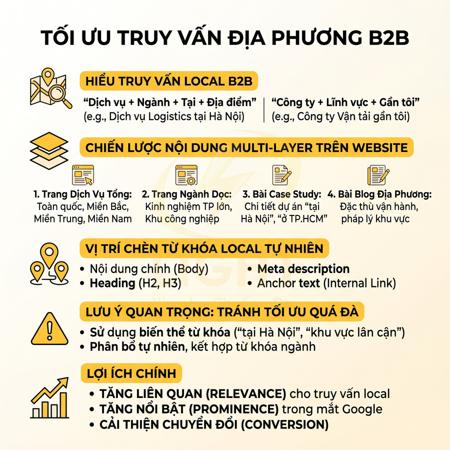 Infographic tối ưu truy vấn địa phương B2B với chiến lược nội dung multi layer và chèn từ khóa local tự nhiên