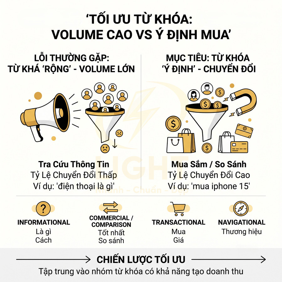 Infographic tối ưu từ khóa SEO so sánh volume cao và ý định mua, minh họa phễu chuyển đổi và các loại từ khóa