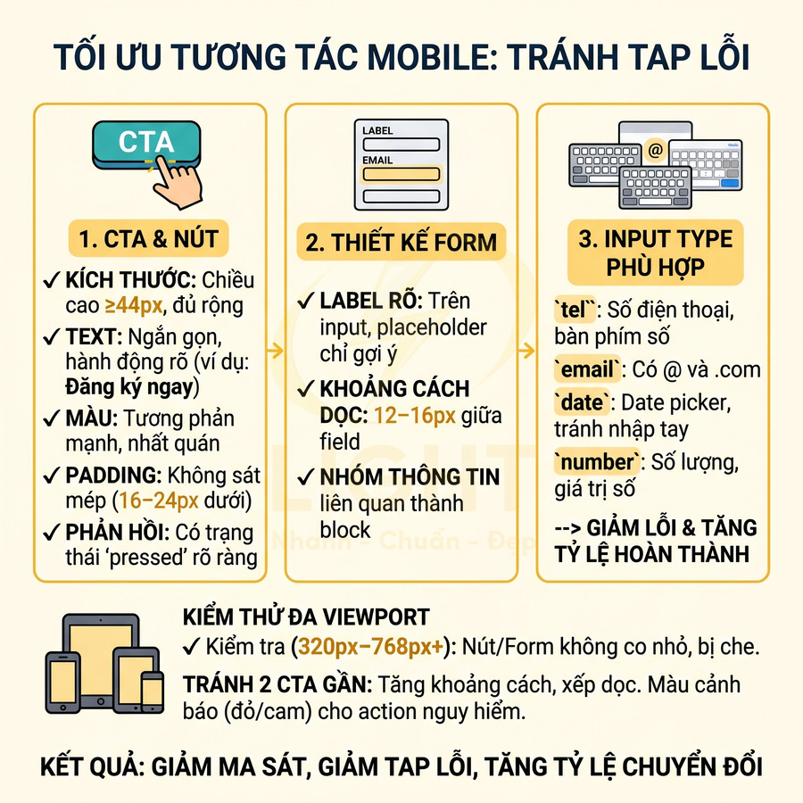 Hướng dẫn tối ưu tương tác mobile với CTA, thiết kế form và chọn input type phù hợp để giảm tap lỗi