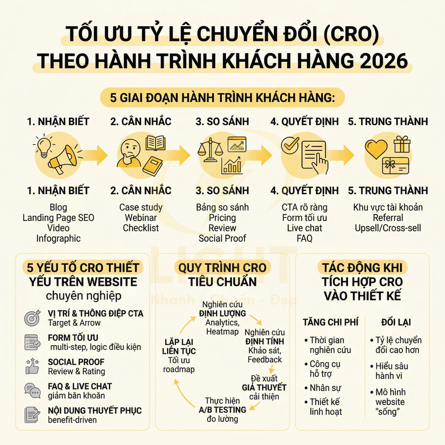 Infographic tối ưu tỷ lệ chuyển đổi CRO theo 5 giai đoạn hành trình khách hàng và các yếu tố CRO trên website
