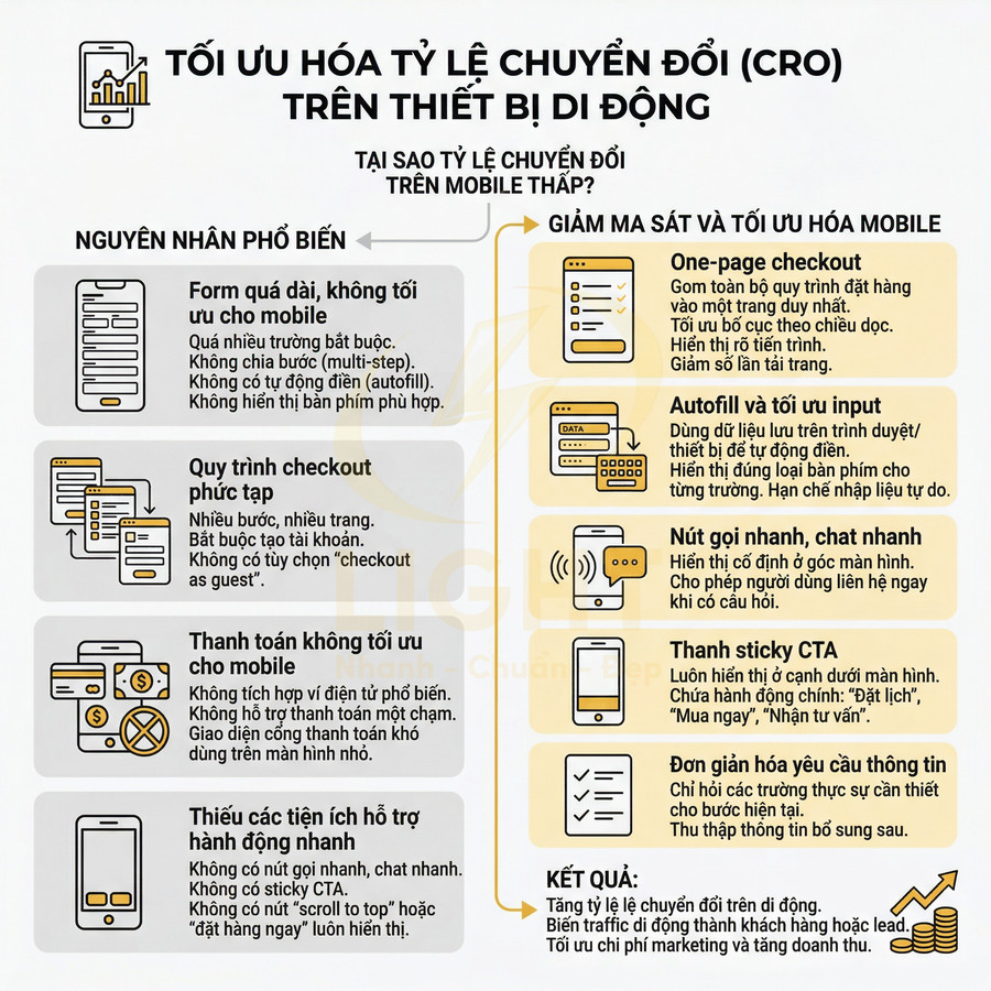 Infographic tối ưu hóa tỷ lệ chuyển đổi CRO trên thiết bị di động với nguyên nhân phổ biến và giải pháp cải thiện trải nghiệm mua hàng
