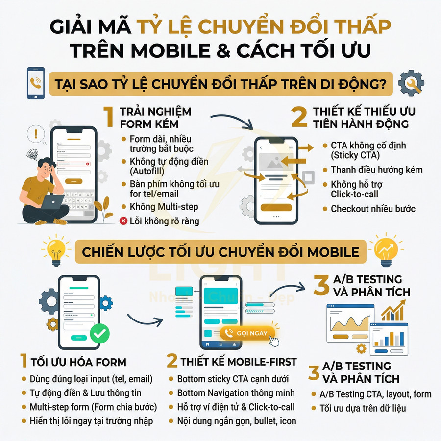 Infographic giải thích lý do tỷ lệ chuyển đổi thấp trên mobile và chiến lược tối ưu form, CTA, A/B testing
