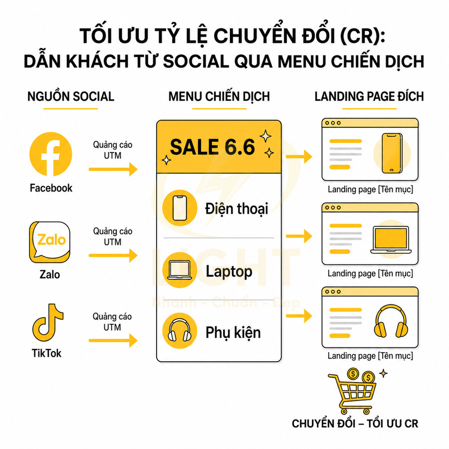 Sơ đồ dẫn khách từ Facebook Zalo TikTok vào menu chiến dịch sale 6.6 và landing page tối ưu chuyển đổi