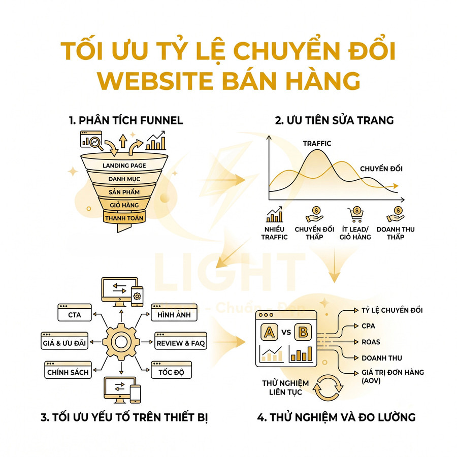 Infographic tối ưu tỷ lệ chuyển đổi website bán hàng với phân tích funnel, ưu tiên sửa trang, tối ưu thiết bị và A/B testing