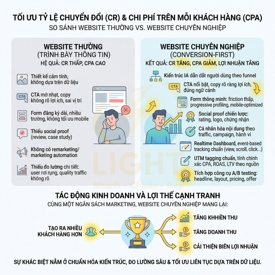 Infographic so sánh website thường và website chuyên nghiệp về tối ưu tỉ lệ chuyển đổi và chi phí trên mỗi khách hàng
