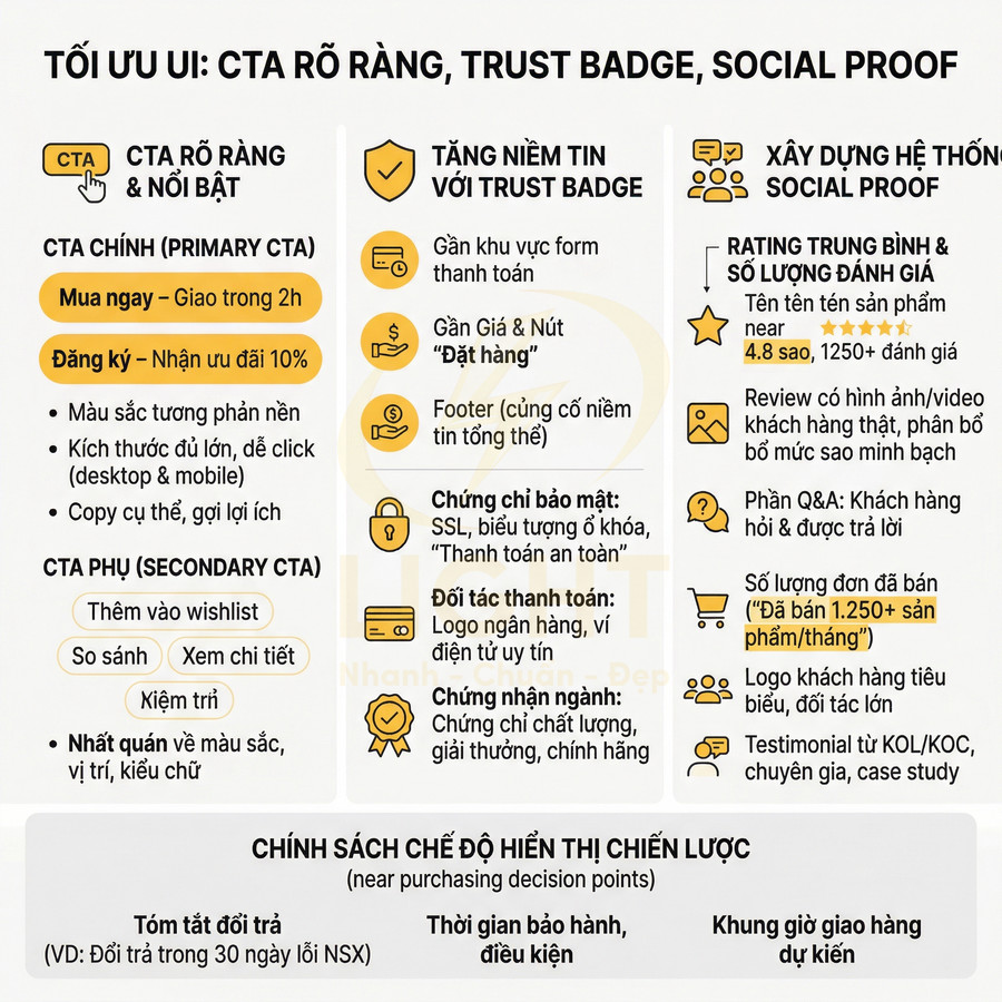 Hướng dẫn tối ưu UI với CTA rõ ràng, trust badge và social proof cho trang thanh toán và sản phẩm online