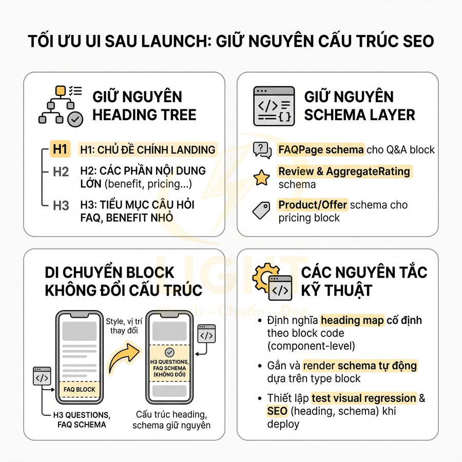 Infographic hướng dẫn tối ưu UI sau launch với cấu trúc heading, schema và kỹ thuật SEO cho landing page