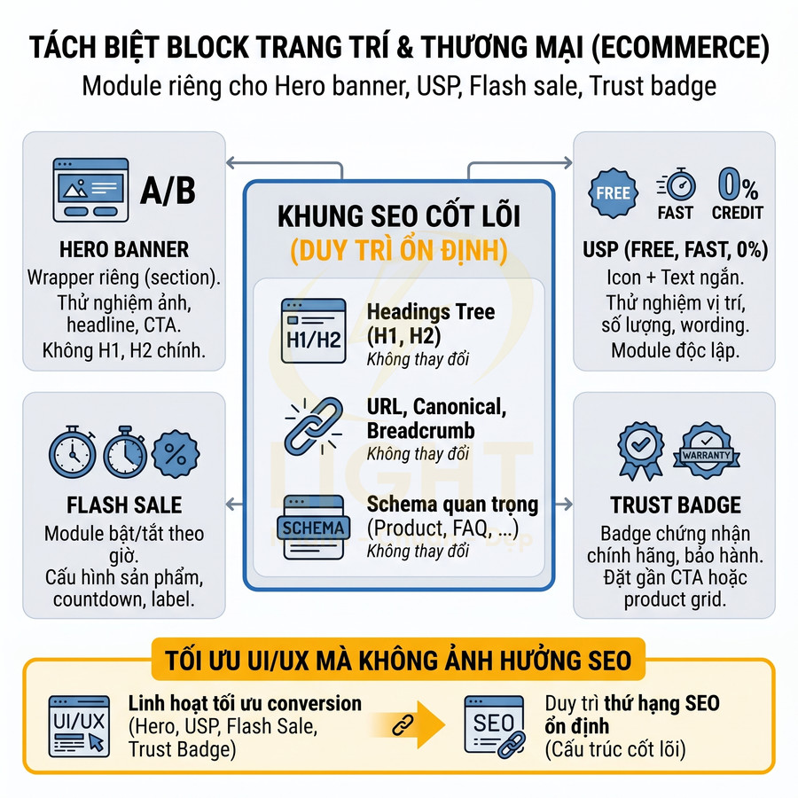 Sơ đồ tách block trang trí và thương mại trong website ecommerce để tối ưu UIUX mà vẫn giữ khung SEO cốt lõi