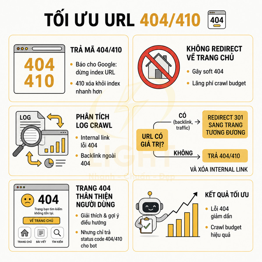 Infographic hướng dẫn tối ưu URL 404 410 cho SEO với phân tích log crawl và cách xử lý redirect