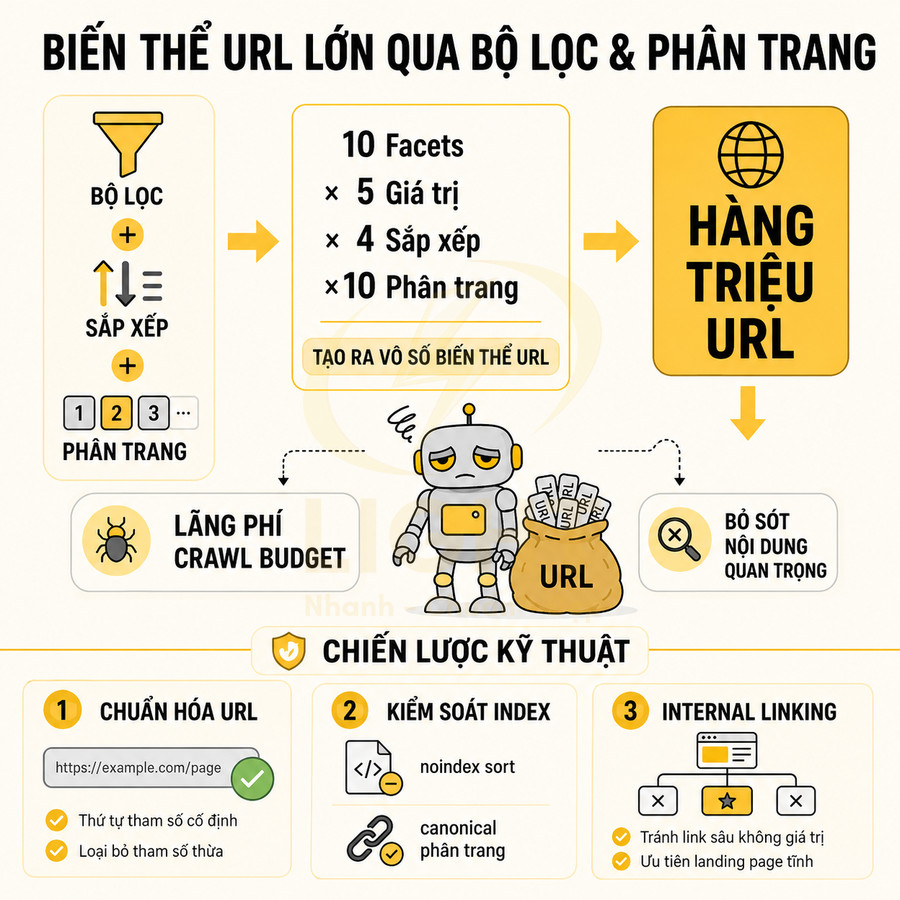 Infographic SEO giải thích biến thể URL lớn qua bộ lọc phân trang và chiến lược kỹ thuật tối ưu crawl budget