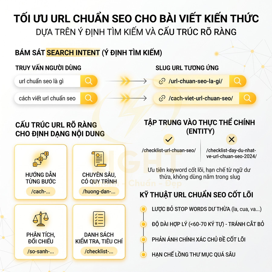 Hướng dẫn tối ưu URL chuẩn SEO cho bài viết kiến thức với ví dụ slug, cấu trúc URL và kỹ thuật cốt lõi